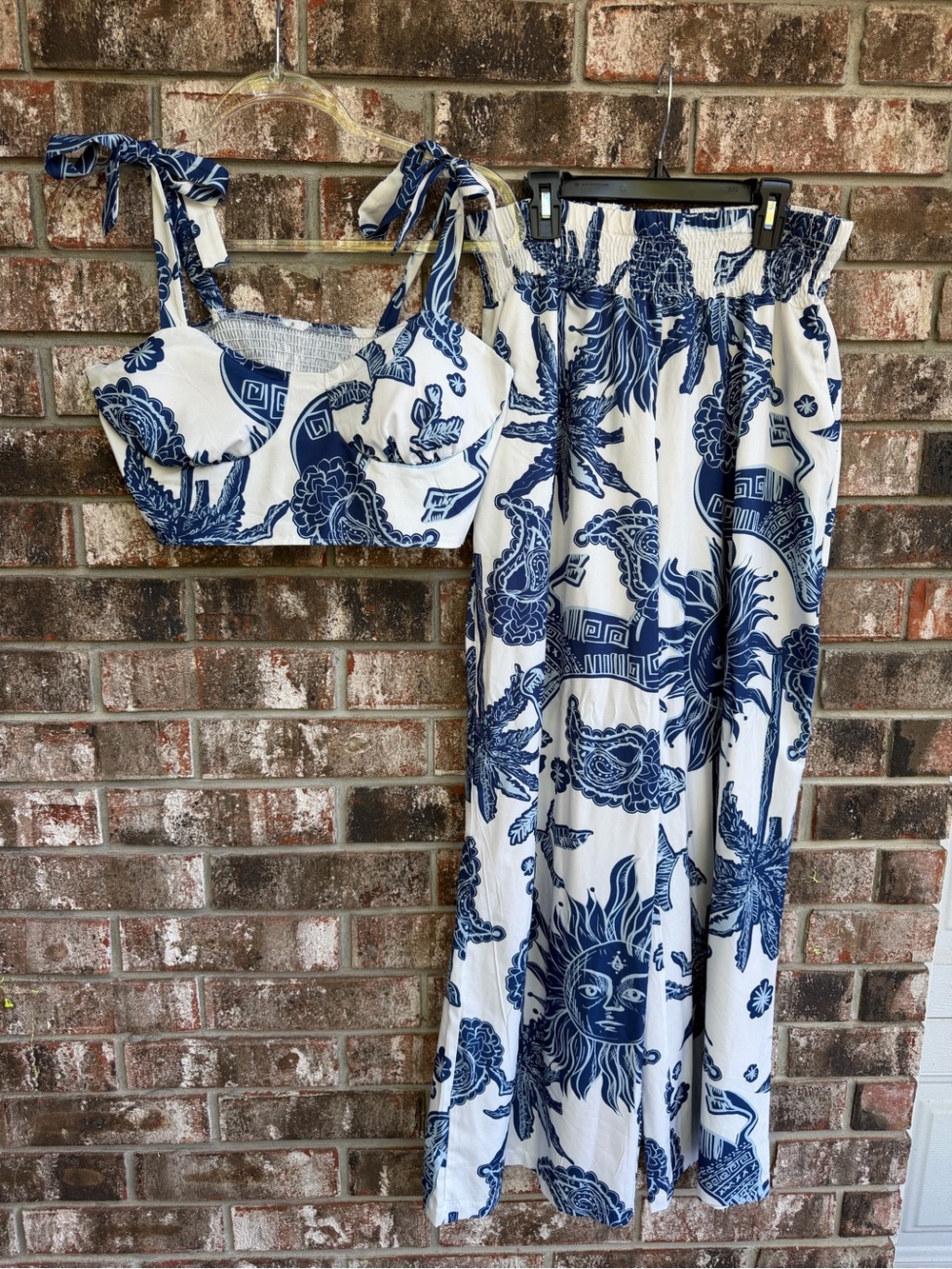 SHEIN White & Navy Blue Printed Tie-Strap Crop Top with Pants Set
